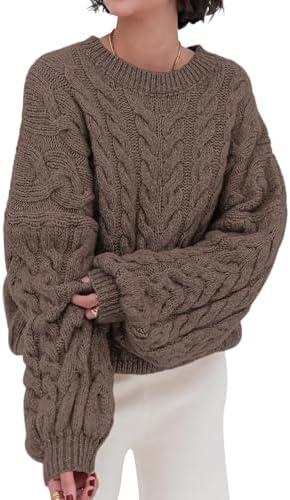 PRETTYGARDEN Womens Sweaters Spring 2026 Cable Knit Long Sleeve Crewneck Oversized Sweater Chunky Pullover Loose Outfits, XL