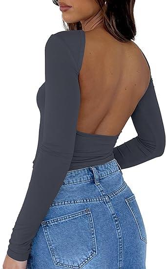 ForeFair Women Sexy Backless Short Sleeve Slim Fit Crewneck Summer Casual Y2K Crop Tee, Size: M