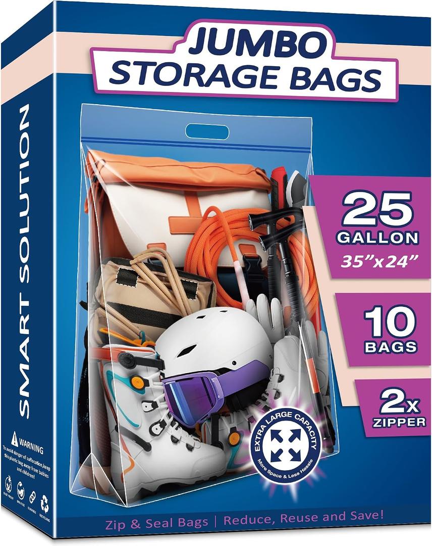 25 Gallon Extra Large Resealable Storage Bags with Zipper Top | 35" x 24" Heavy Duty Clear Bags with Handles, 4 Mil Thick, Perfect for Clothing, Pillows, Travel, and Moving (10 Packs)