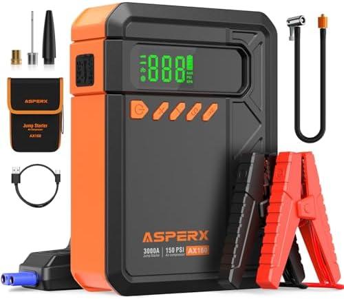 Portable Jump Starter with Air Compressor, 3000A Car Jumper, 150PSI Cordless Tire Inflator, 12V Jump Box for 9.0 Gas/7L Diesel Engine, Car Battery Booster with Storage Bag, Orange