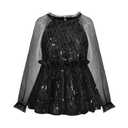 Girl Sequin Mesh Bloues Sparkle Ruffle Collar Long Sleeve Shirts Tops Black
