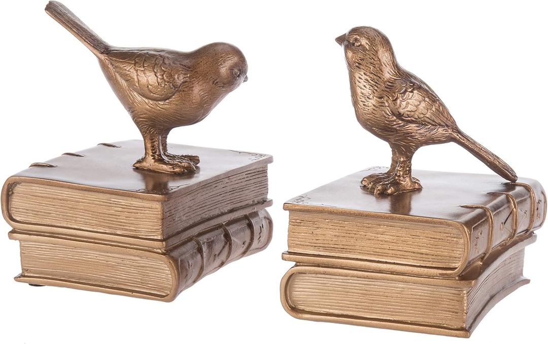 MyGift Gold Bird Bookends Decorative for Heavy Books, Brass Book Ends for Shelves, Vintage Resin Bookends, 1 Pair