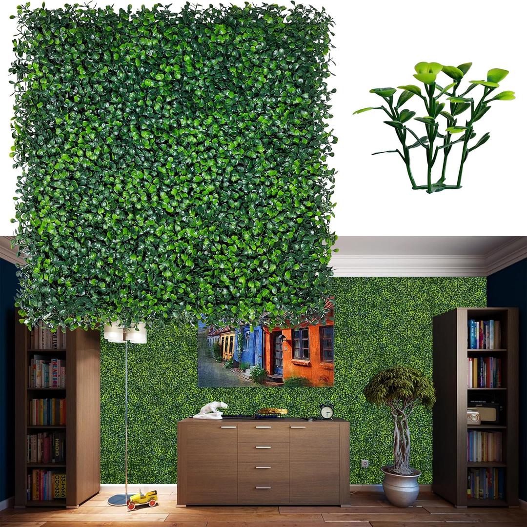 Artificial Grass Wall Backdrop Panels: 20X20 in 24P UV-Anti Greenery Boxwood Panels for Indoor Outdoor Green Wall Decor & Ivy Fence Covering Privacy