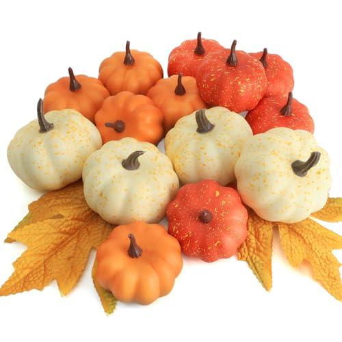 CHEAWRTZ 10PCS Realistic Mini Pumpkin Decor,Fall Decor with Pumpkins Maple Leaves, Artificial Pumpkin Decor for Autumn Filler, Realistic Pumpkin Decorations for Halloween Thanksgiving Fall Home Decor