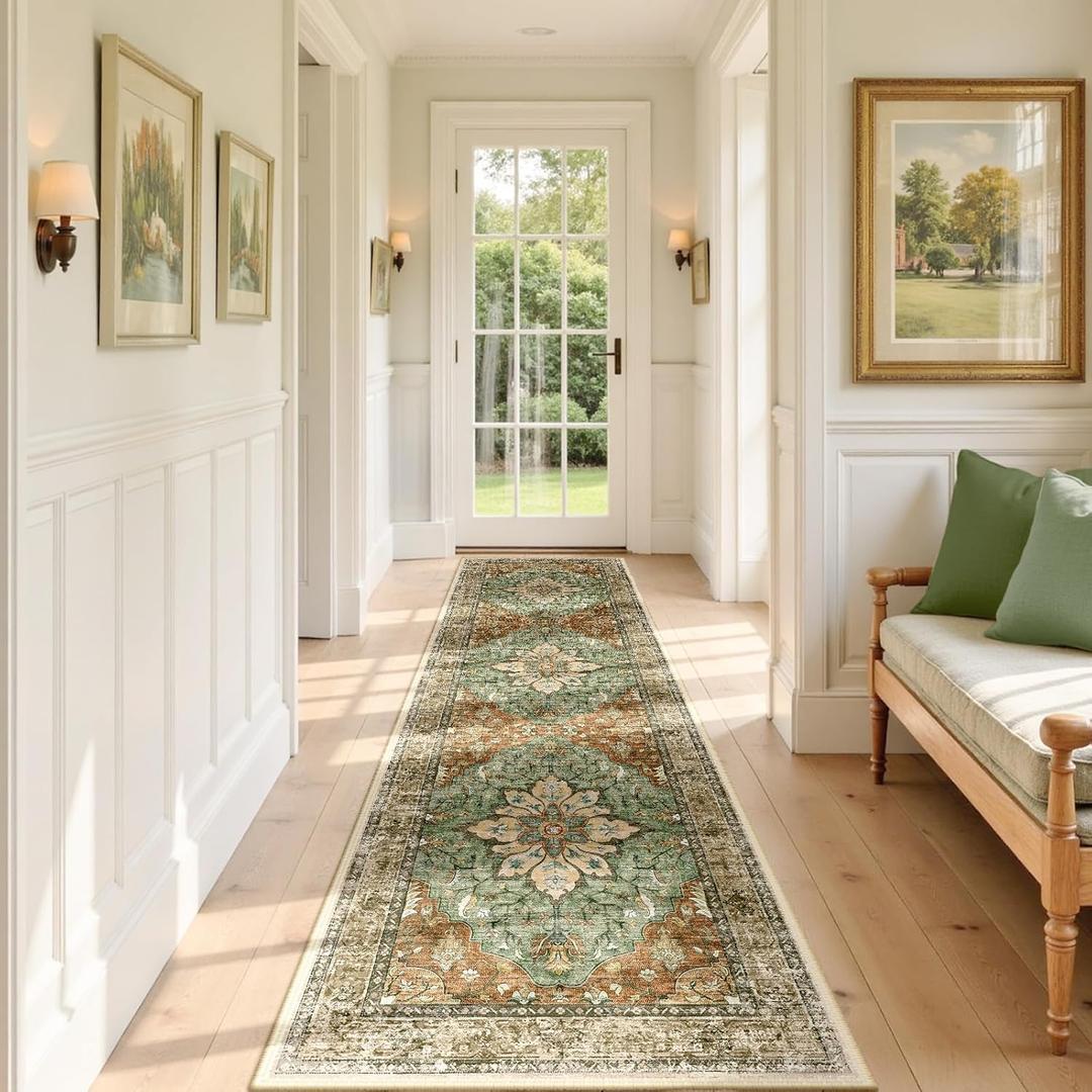 Area Rugs 2'x8' Runner Rug Non Slip Washable for Kitchen Hallway Bedroom Beside Laundry Room Bathroom Rug, Floor Carpet, Brick Red Rust Neutral Brown Burnt Orange Green