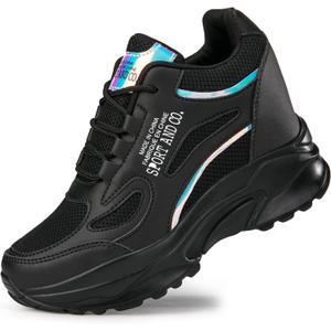 AONEGOLD Women's Hidden Wedge Sneakers High Heeld Lace Up Fashion Lightweight Walking Shoes Platform Sneakers(Black-38,5-5.5 US)