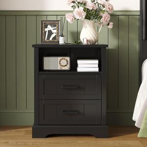 ChooChoo Farmhouse Night Stands with Charging Station, Wood Nightstand with 2 Drawers, Bedside Table with Open Storage Shelf for Bedroom, Black, 19.7 inches x 15.7 inches x 23.6 inches