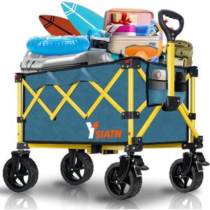 Collapsible Wagon Cart with Wheels Foldable, Folding Wagons Carts with All Terrain Wheels, Large Grocery Cart On Wheels, Heavy Duty Utility Wagon for Shopping Beach Sports Fishing Camping, 110L, Green