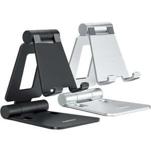 Nulaxy 2 Pack Dual Folding Cell Phone Stand, Fully Adjustable Foldable Desktop Phone Holder Cradle Dock Compatible with Phone 16 15 14 13 12 Pro Xs Xs Max Xr X 8, All Phones, Black & Silver (A-Black & Silver)