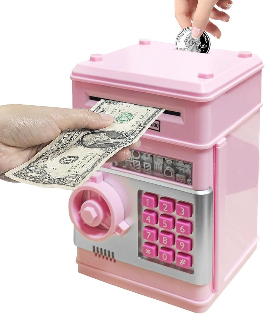 Mini ATM Piggy Bank ATM Machine Best Gift for Kids,Electronic Code Piggy Bank Money Counter Safe Box Coin Bank for Boys Girls Password Lock Case (Light Pink)
