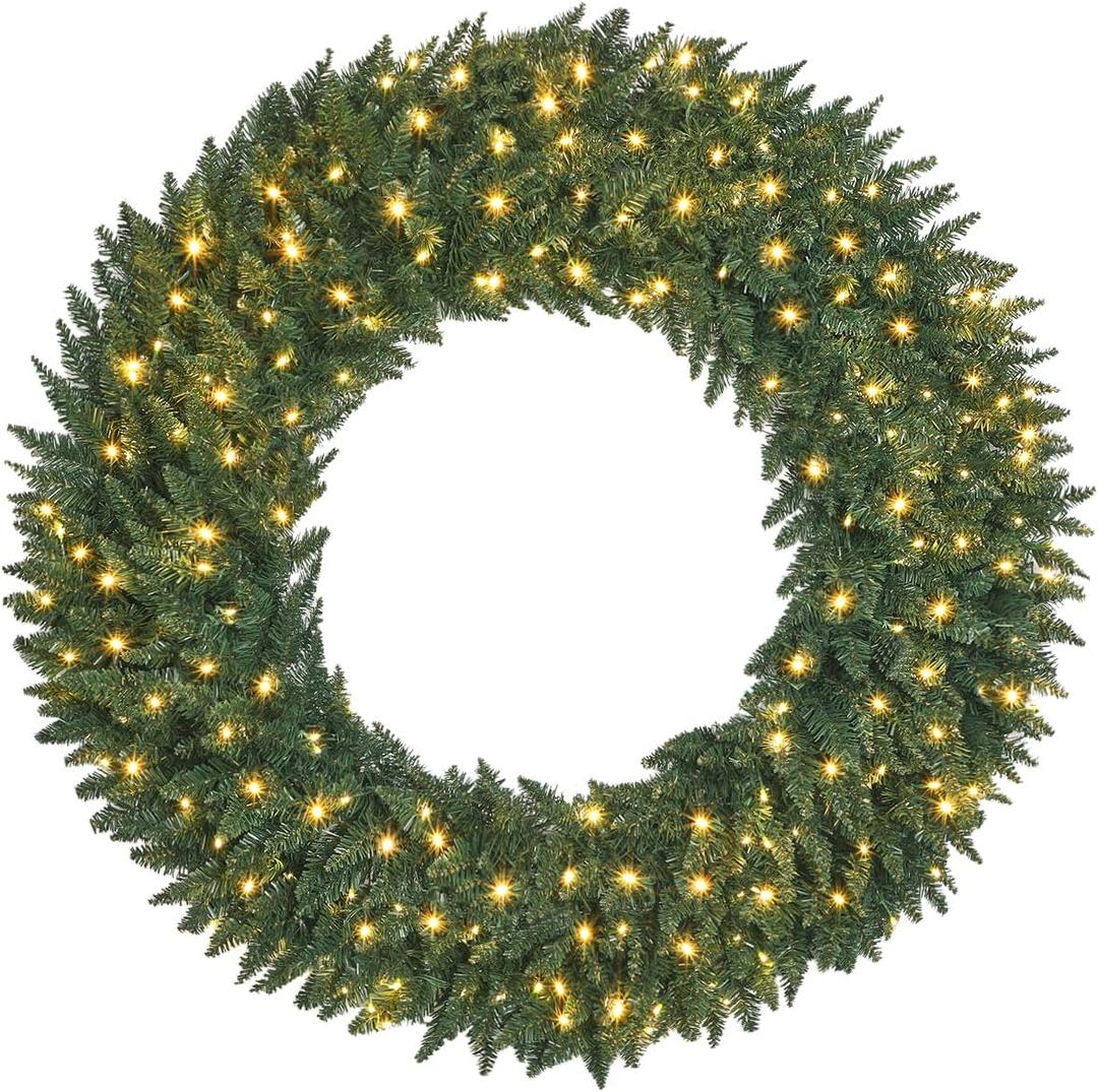 48" Large Artificial Pre-Lit Fir Christmas Wreath with 200 LED Lights, 540 PVC Branch Tips, Holiday Decoration for Door, Plug-in