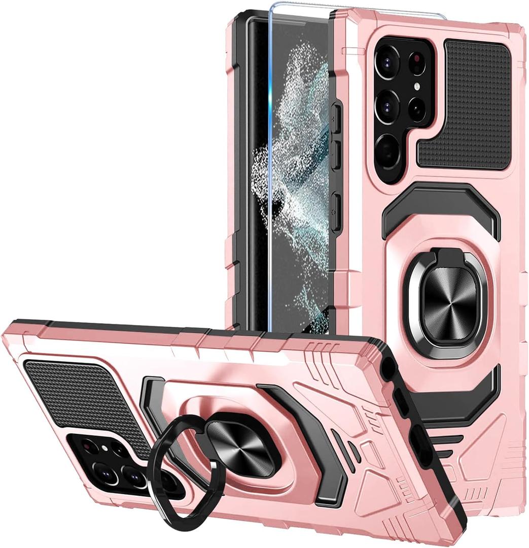Heavy Duty Protection Case for Samsung Galaxy S22 Ultra Phone Case with Built-in Screen Protector, Military Grade Shockproof 360 Degree Metall Ring Kickstand Travel Cover Shell (Pink)