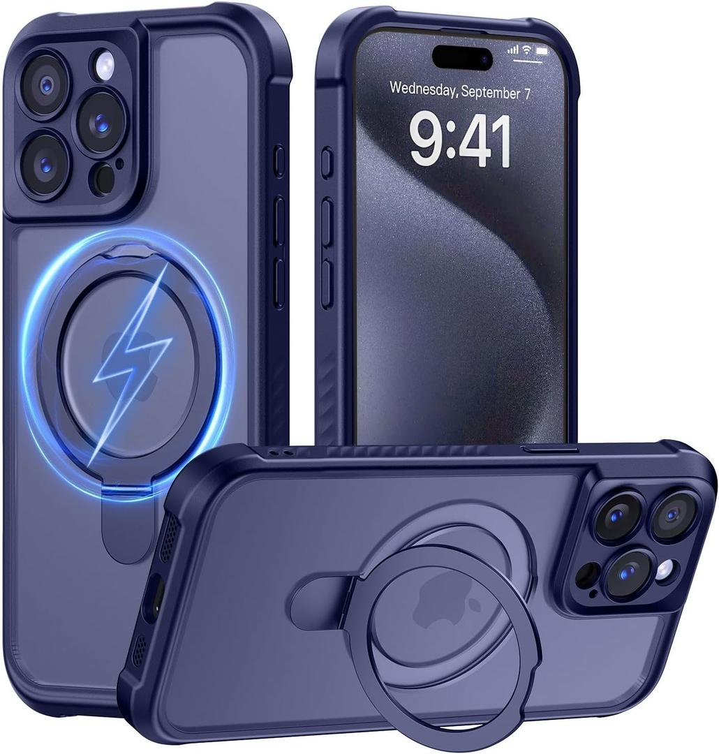MOCCA Design for iPhone 15 Pro Case with Magnetic Invisible Stand [Full Camera Protection] [Compatible with Magsafe] Military Drop Shockproof Translucent Matte Phone Case Cover 6.1",Deep Blue