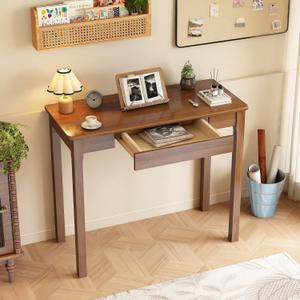 Solid Wooden Desk with Drawers - 36 x 16 Inch Narrow Desks for Small Spaces, Rubberwood Mid Century Modern Desks, Simple Vintage Study Table, Small Writing Desk for Bedroom - Walnut Color