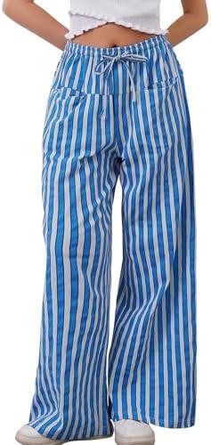 Kissonic Women Striped Pants Casual Drawstring Wide Leg Trousers Loose Lounge Pajama Pants with Pockets, Large