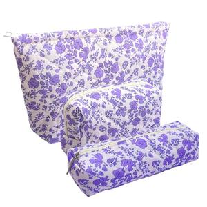 WYJ 3 Piece Purple Quilted Floral Makeup Bag Set Small Cosmetic Bag For Women Cute Cotton Makeup Pouch For Purse