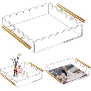 Acrylic Scalloped Tray with Magnetic Mat and Bronze Handles Clear Rectangular and Includes Anti-Slip Pads(8 * 8 * 2"- Handles)