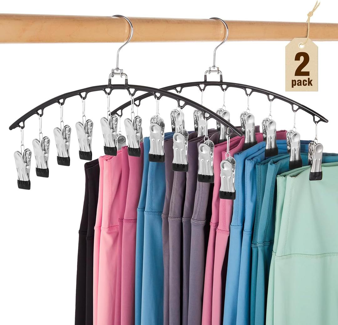 HOUSE DAY Legging Organizer for Closet, Metal Yoga Pants Hanger 2 Pack w/10 Clips Holds 20 Leggings, Space Saving Hanger Closet Organizers and Storage, Clips Hanger for Pants, Skirts, Hats, Black