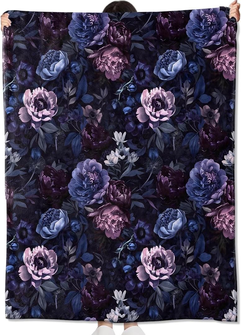 Dark Gothic Floral Blanket Gifts for Kids Adult Women Deep Purple and Blue Flower Throw Blankets,Soft Comfy Lightweight for Room Couch Bed Sofa Modern Stylish Decor,Art Lovers 60x50in