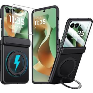 for Motorola Razr 2025 Case/Razr 2024 Case with Magnetic Ring Holder Stand, Full-Body Shockproof Rugged Phone Case with Rear Screen Protector Hinge Protection Case for Moto Razr 2025 Black