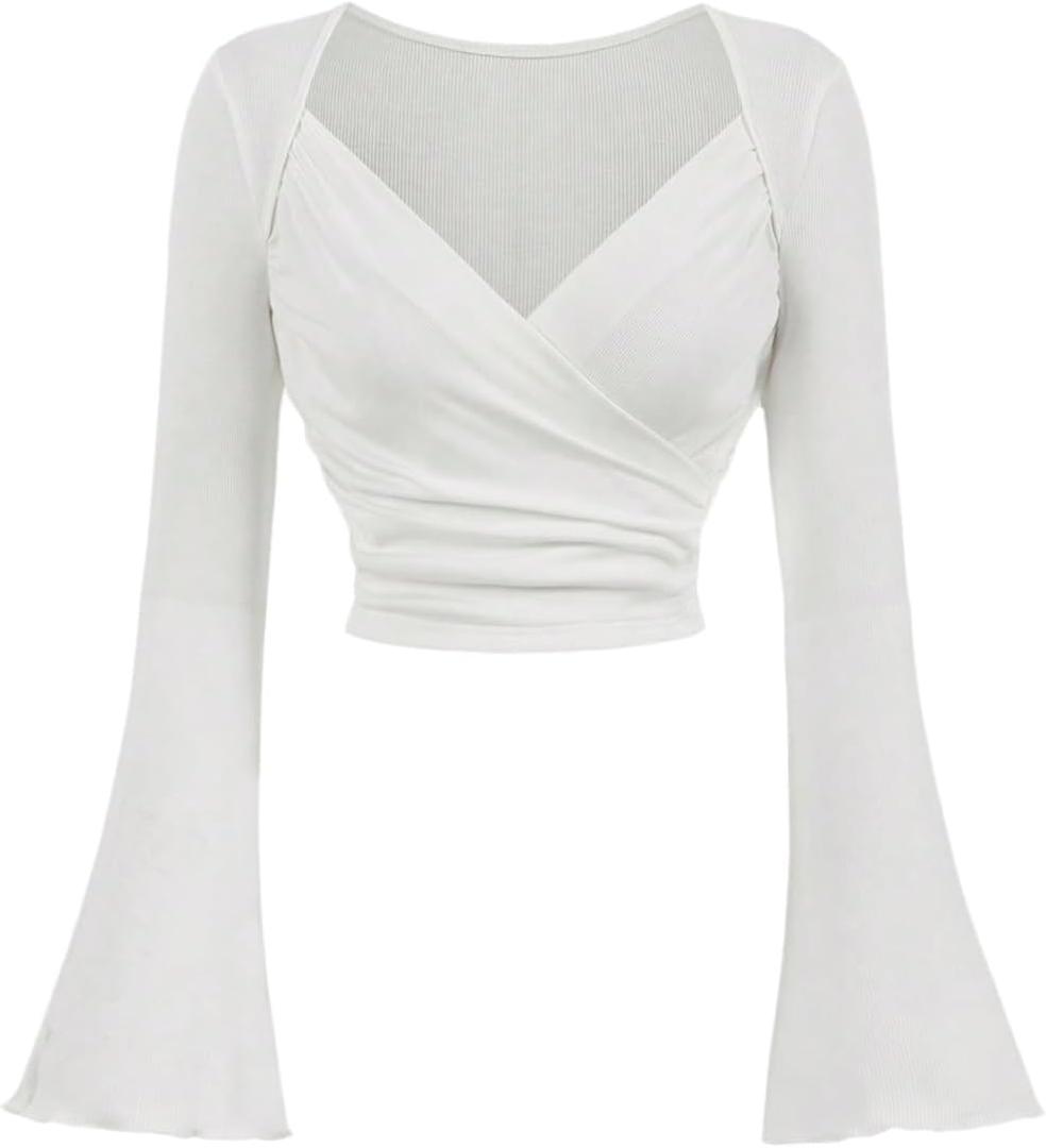 Floerns Women's Wrap Sweetheart Neck Bell Sleeve T Shirts Ruched Rib Knit Crop Tops (Large)