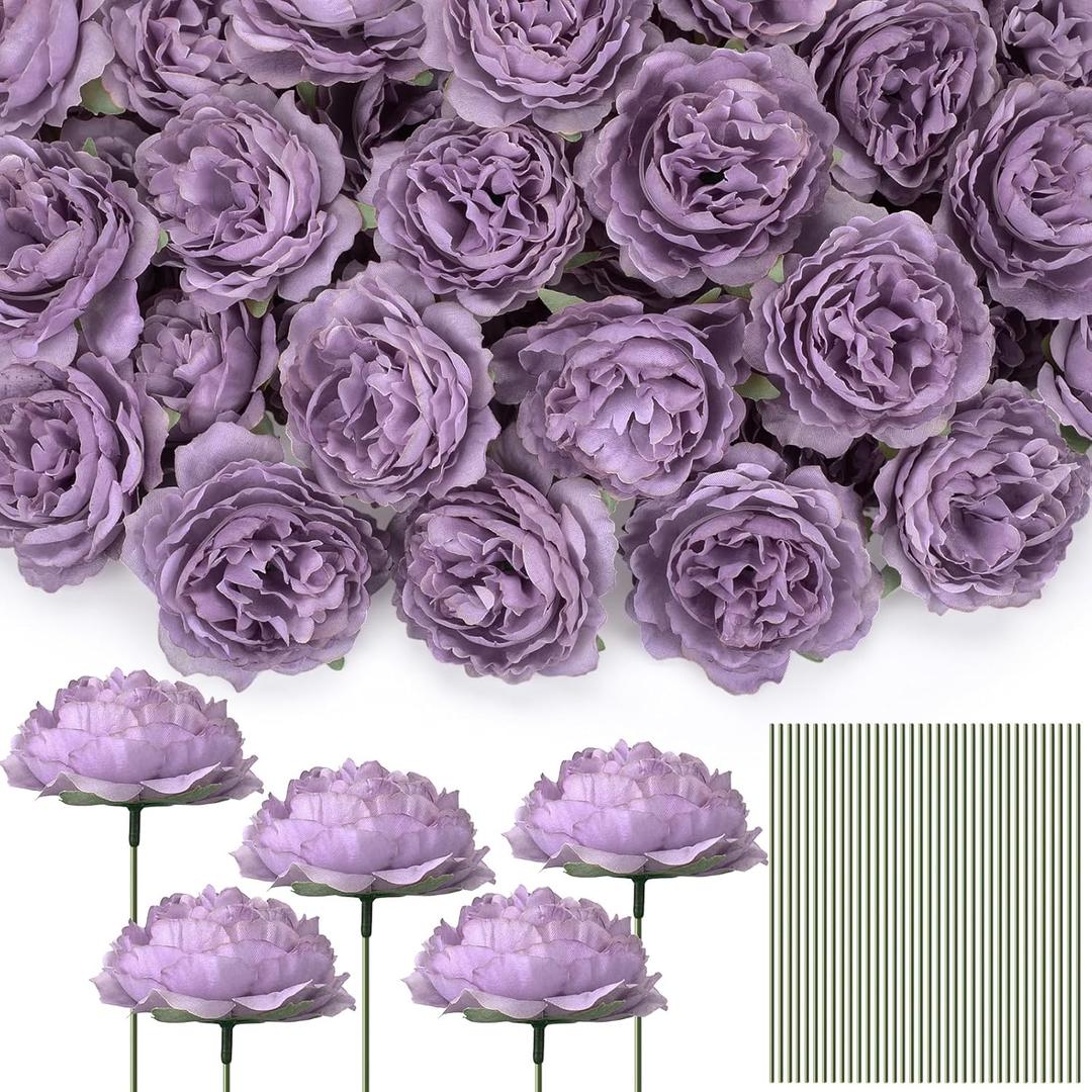Thiccywoov 100 Pcs Flowers Long Stem Artificial Rose, 3.2 Inches Silk Rose Head Flowers Fake for Wedding Bridal Bouquet Independence Day Home Floral DIY Centerpieces Party Decoration(Purple)