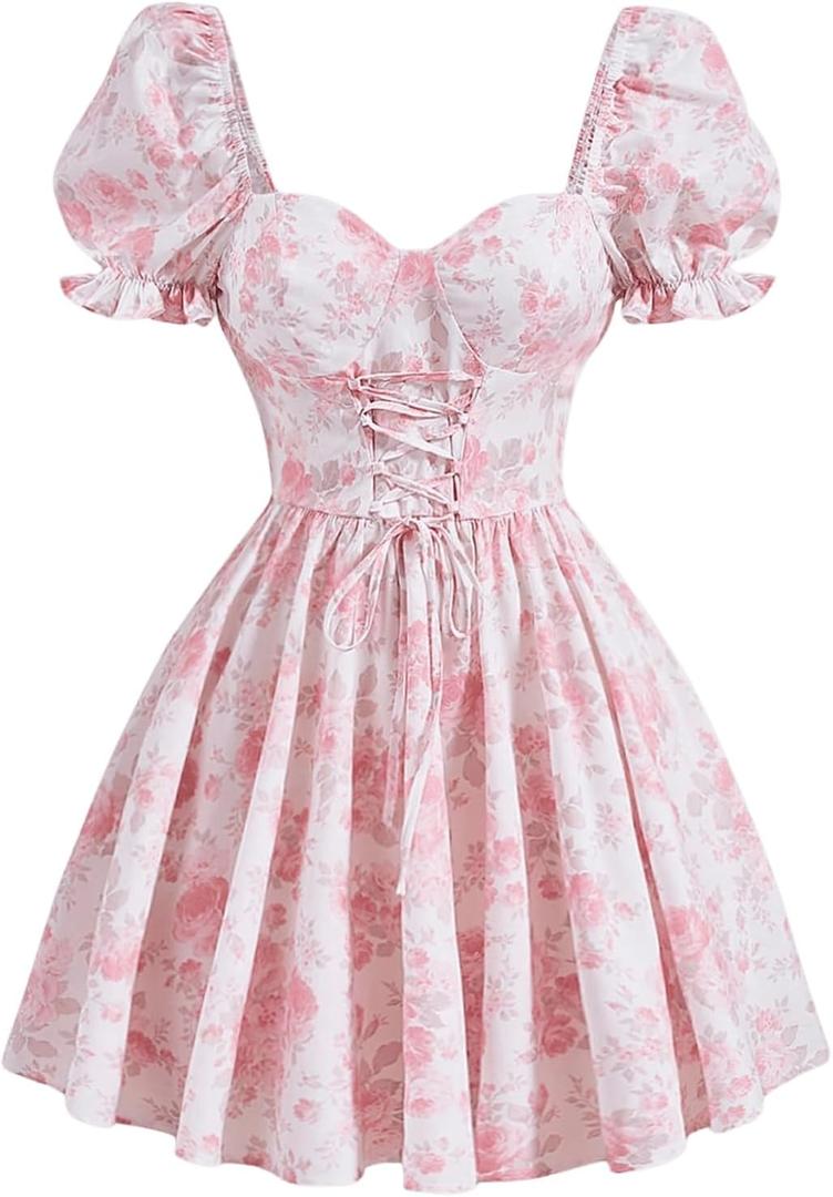 WDIRARA Women's Floral Print Sweetheart Neck Puff Sleeve Dress Lace Up Flared A Line Dress Multicolor Large