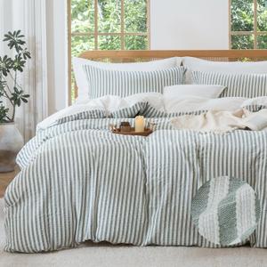 MILDLY Jacquard Stripe Duvet Cover - 100% Washed Cotton Sage Green Textured Spring Comforter Cover 3pcs with Zipper Closure 90"x90"