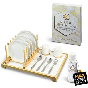 Premium Dish Drying Stone for Kitchen Counter 20 x 14 | Fast Absorbing Stone Drying Mat with Bamboo Dish Rack | Dish Drying Mat Plus Bamboo Set