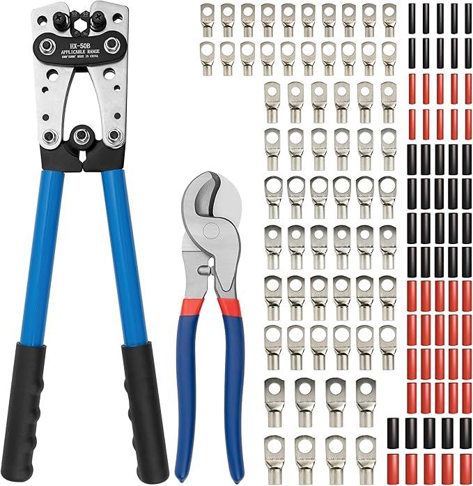 Battery Cable Lug Crimping Tool Kit for AWG 10-1/0 Electrical Lug Crimper with 64pcs Ring Terminals and 110pcs Heat Shrink Tubing