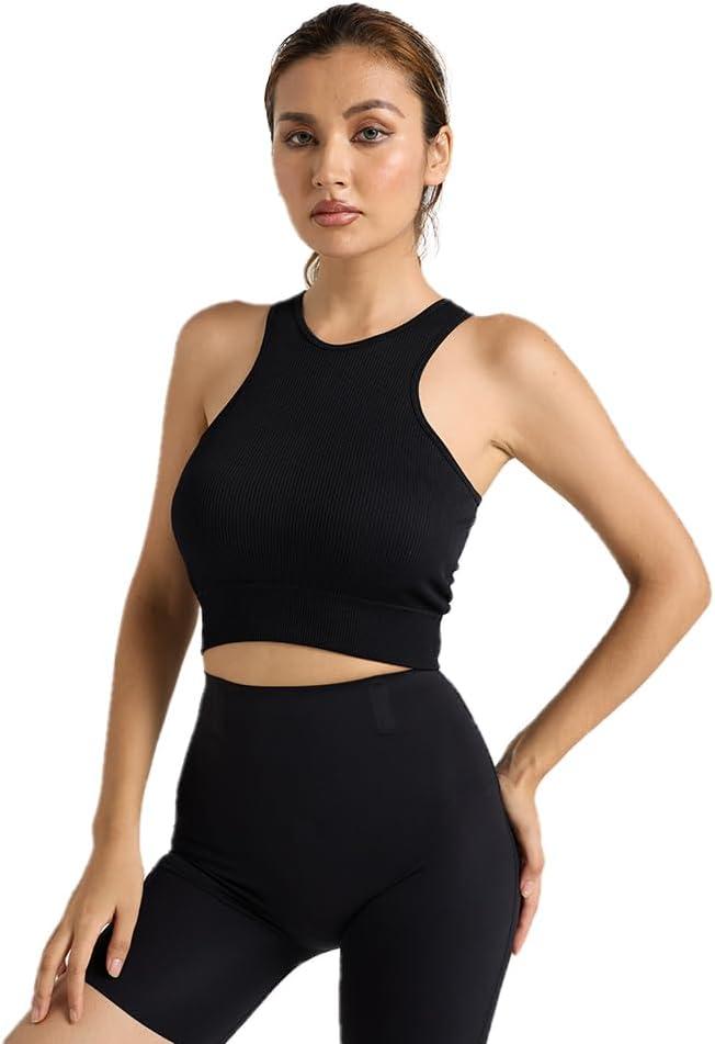 Women's Ribbed Crop Tank Top, Sleeveless Racerback, Square Neck, Black, Fitted (X-Large)