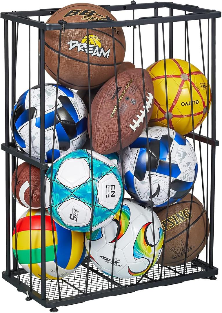 Garage Ball Storage Wall-Mounted & Floor Sports Equipment Organizer: Sports Ball Rack with Elastic Rope, Ball Holder for Basketball, Soccer, Volleyball, Football, Garage, Gym, Black(Patent Pending)
