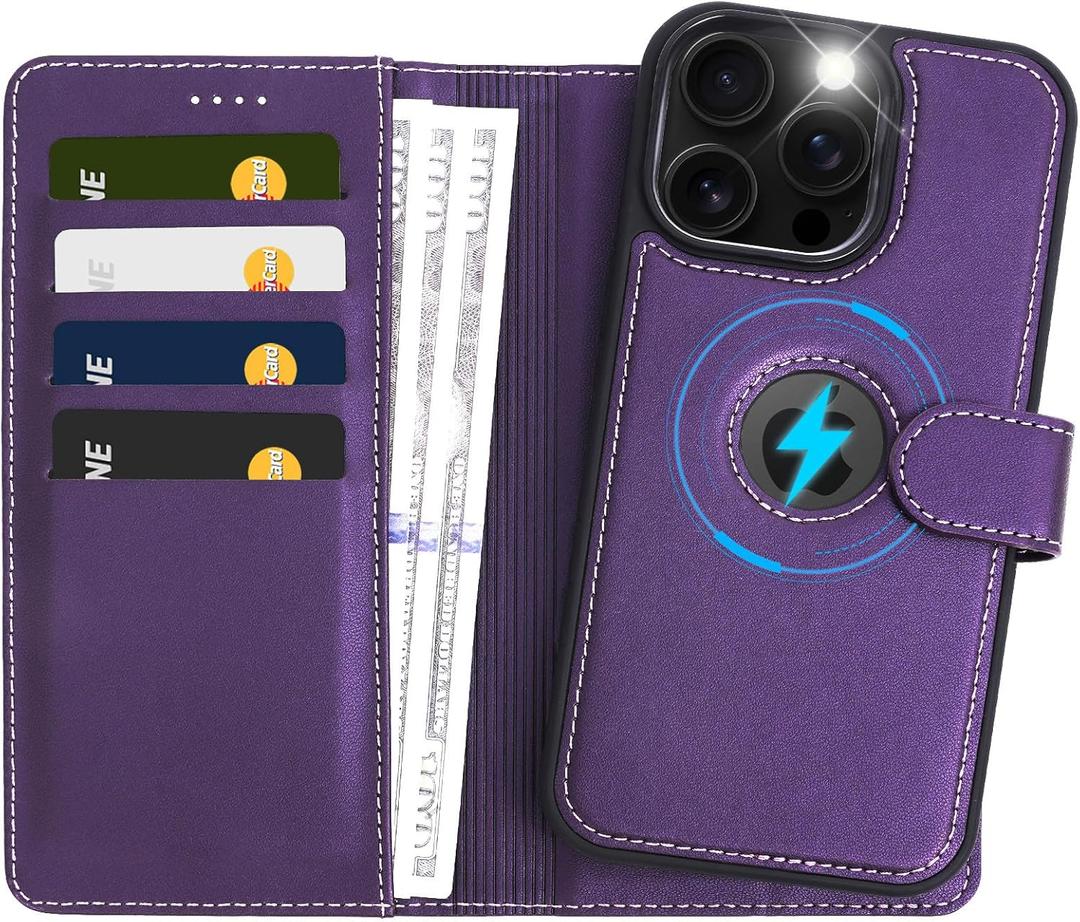 2 in 1 PU Leather for iPhone 15 Pro Max Case, Detachable Wallet Case with Card Holder, Removable Flip Folio Cover with RFID Blocking, Stand Shockproof Phone CoverCompatible with MagSafe Purple