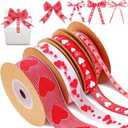 4 Rolls Valentine's Day Wired Ribbon Heart Valentine Ribbon Polyester Wrapping Bow for DIY Craft Wrapping Wedding Home Decor, 11 Yards, 5.5 Yards
