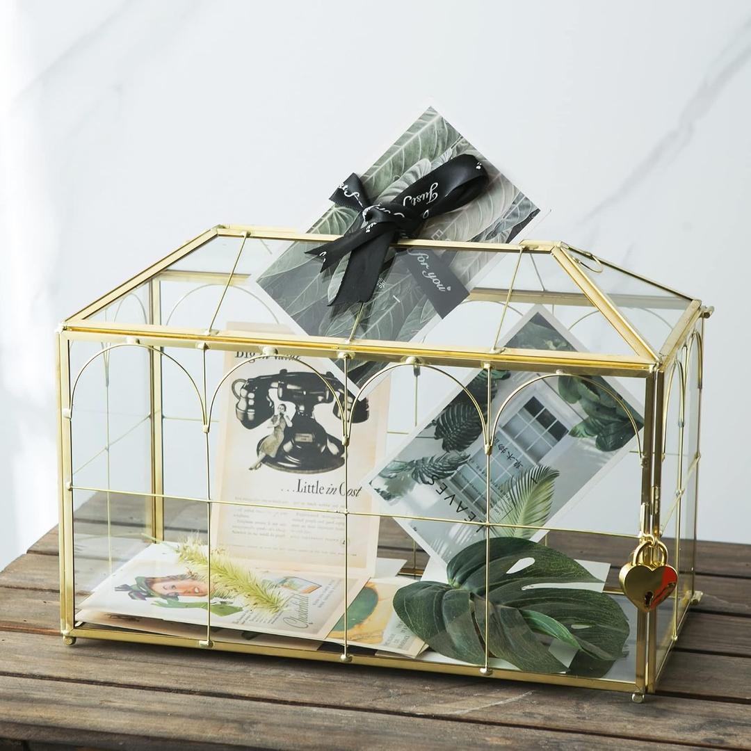 Glass Wedding Card Box with Slot, 12.6 inch Large Clear Card Box Gold Brass Gift Card Storage Box with Lock for Wedding Receptions, Baby Shower, Birthday Party, Bridal Shower