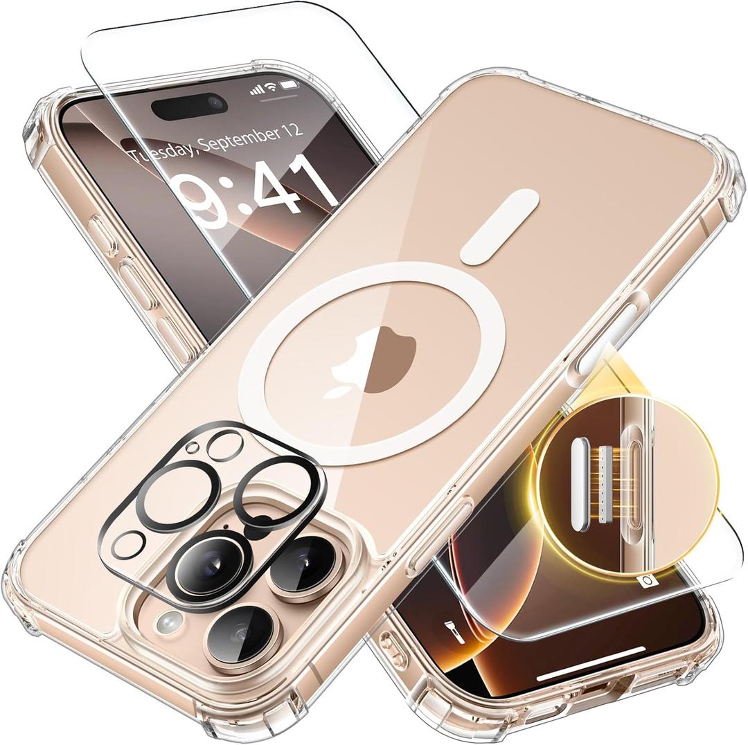 BERFY for iPhone 16 Pro Case, Compatible with Magsafe, Women Crystal Clear Cute Shockproof Hard Magnetic Phone Cover, [Not-Yellowing] with Screen Protector & Camera Lens Protector 6.3", Transparent