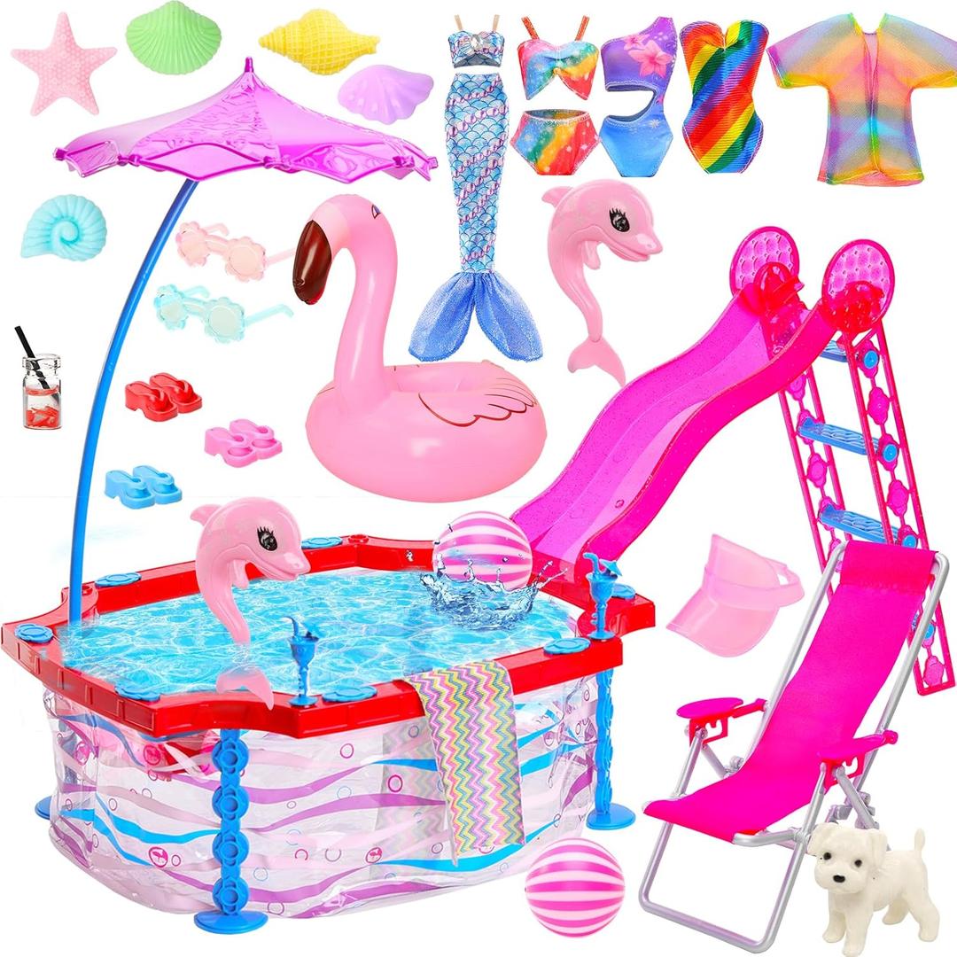 ENOCHT 46 Pcs Doll Pool Playset, Doll Pool with Slide Accessories Includes Mermaid Swimsuit, Beach Umbrella, Chair, Towel, Drink, Swimming Ring and Others Accessories fit for 11.5 inch Girl Dolls