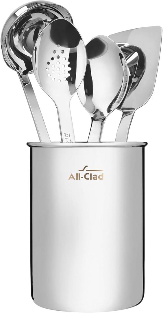All-Clad 5-Piece Stainless Steel Kitchen Utensil Set Includes Ladle, Solid Spoon, Slotted Spoon, Turner & Storage Caddy Heavy-Gauge, Ergonomic, Dishwasher Safe, Silver