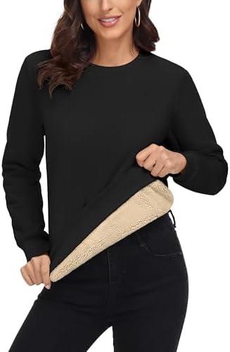 MAGCOMSEN Women's Sherpa Lined Sweatshirts Thermal Casual Crewneck Fleece Pullover Winter Warm Thick Tops M Black