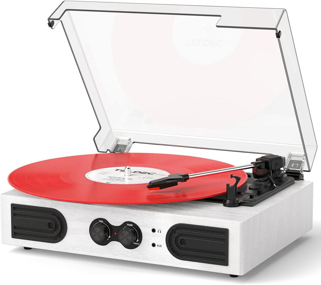 VinylsLink Vinyl Record Player with Built-in Stereo Speakers and Bass Adjust, Portable Vintage 3-Speed Belt-Driven, Bluetooth Input, RCA Line Out AUX in Headphone Jack, White Wood