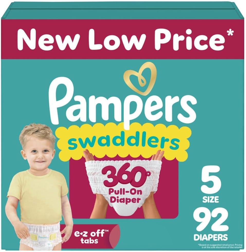 Pampers Diapers - Swaddlers 360 - Size 5, 92 Count, up to 100% Leakproof Comfy Dry Fit, Designed for Easy Changes, Pull On Baby Diaper  