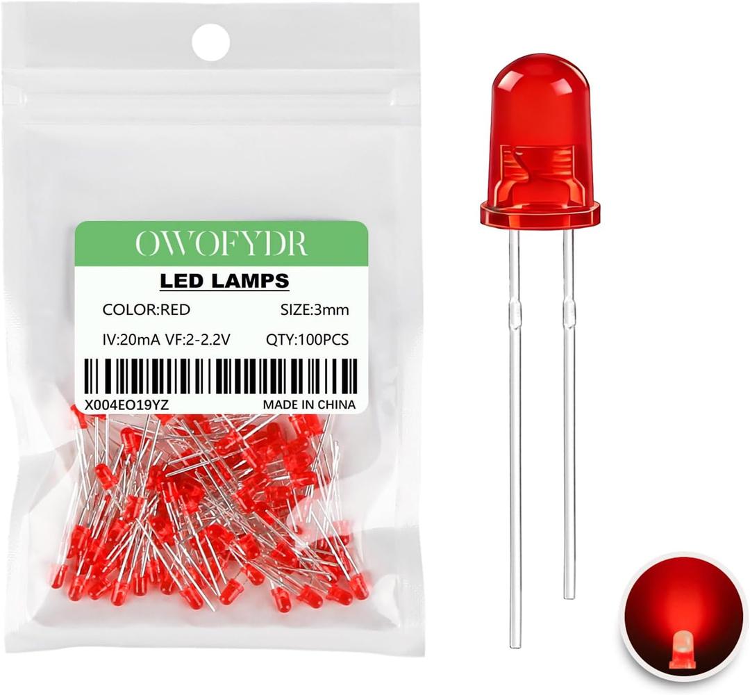 100Pcs 3mm Red Diffused LED Diode, DC 2V 20mA,LED Indicator Light for Arduino DIY, Breadboard, Scientific Experiment