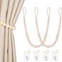 Wood Bead Curtain Tiebacks, KLOGTSIND Set of 2 Curtain Holdbacks for Thin or Thick Window Draperies, Boho Farmhouse Curtain Tiebacks with Hooks, Curtain Tie Backs for Home Office Room Decor