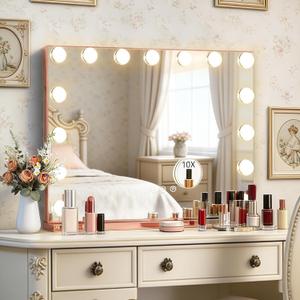 Ratsamee Rose Gold Hollywood Vanity Mirror with Lights, 15 Dimmable Bulbs, 3 Color Lights,Make Up Lighted Mirror, Aluminum Metal Frame, USB Charging Port23" x 18"