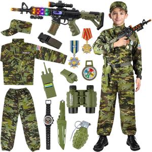 Kids Army Costume for Boys, Military Army Costume with Army Toys, Solider Boy Dress up, Halloween Costumes for Boys M (6-8y Ht.45-50in)