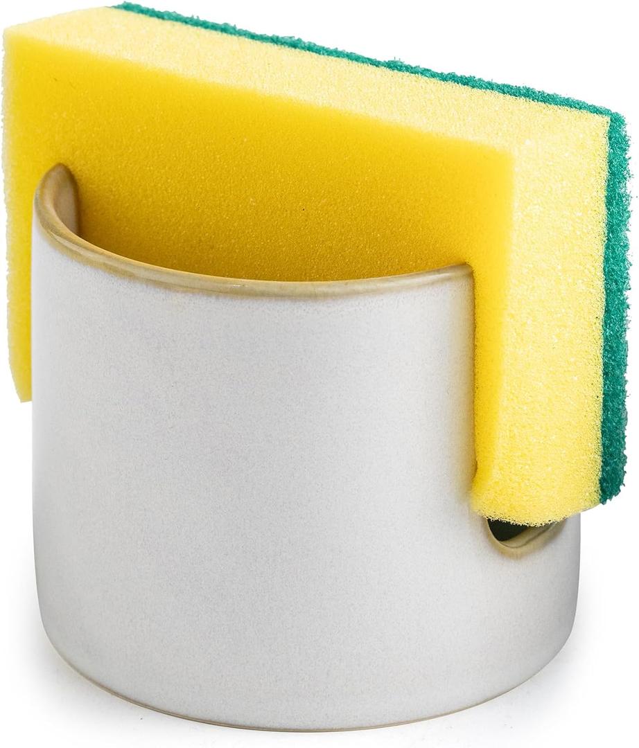 Zoeeker Sponge Holder for Kitchen Sink, Ceramic Dish Sponge Drying Caddy Scrubby Daddy Kitchen Organizer Cute Dish Rack for Sink Counter, Beige White (Cylindrical)