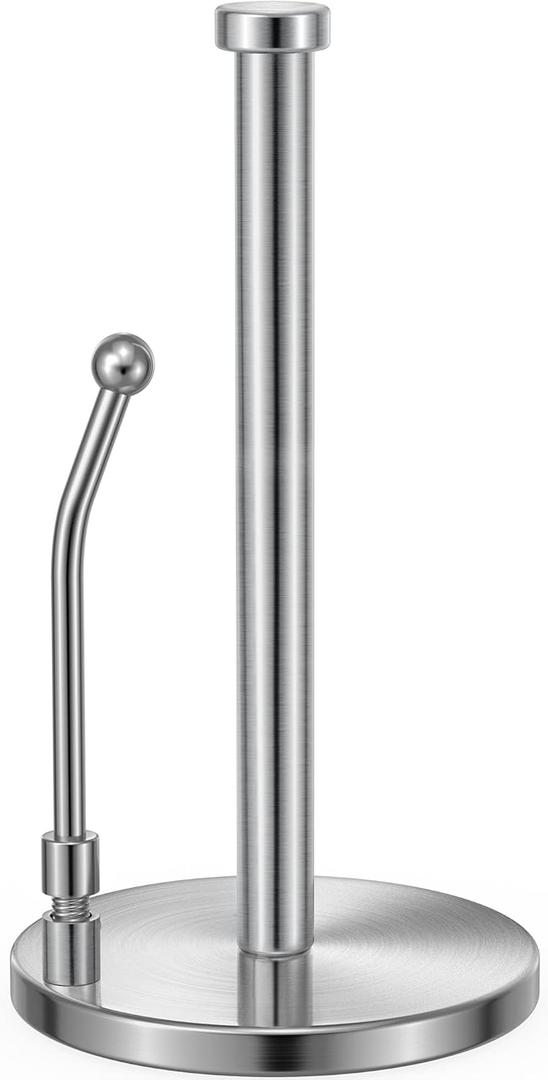 SMARTAKE Paper Towel Holder, Paper Towel Dispenser Standing Weighted Base Non Slip, Spring Arm for Easy Tear, Stainless Steel Paper Towel Holder for Home Kitchen Countertop Tabletop, Silver