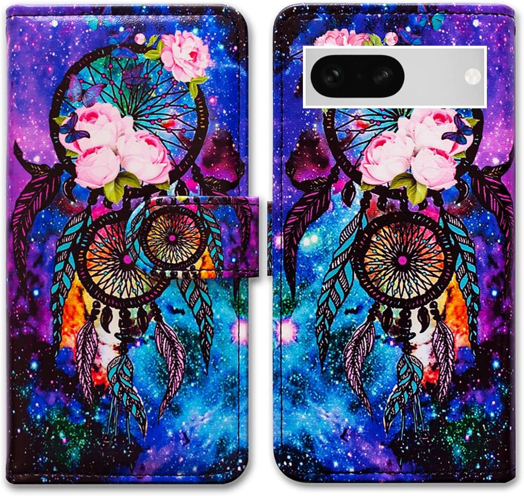 Case for Pixel 7a,Dream Catcher Galaxy Sky Leather Flip Phone Case Wallet Cover with Card Slot Holder Kickstand for Google Pixel 7a