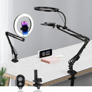 Overhead Camera Mount with 10" Selfie Ring Light,Adjustable Phone Arm Stand, Desk Tripod Holder Content Creator Lighting Kit with Remote for iPhone Filming,Video Recording,Tiktok,YouTube