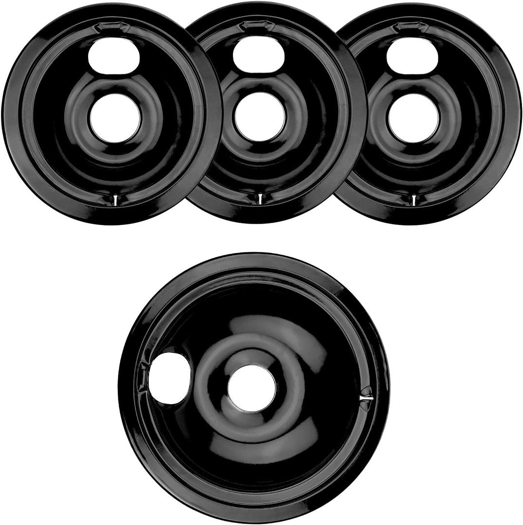 4 Pack Black Porcelain Burner Drip Pan By AMI PARTS - Replacement for Ge Hot-point Range Cooktop Includes 1 8-Inch and 3 6-Inch Drip Pans